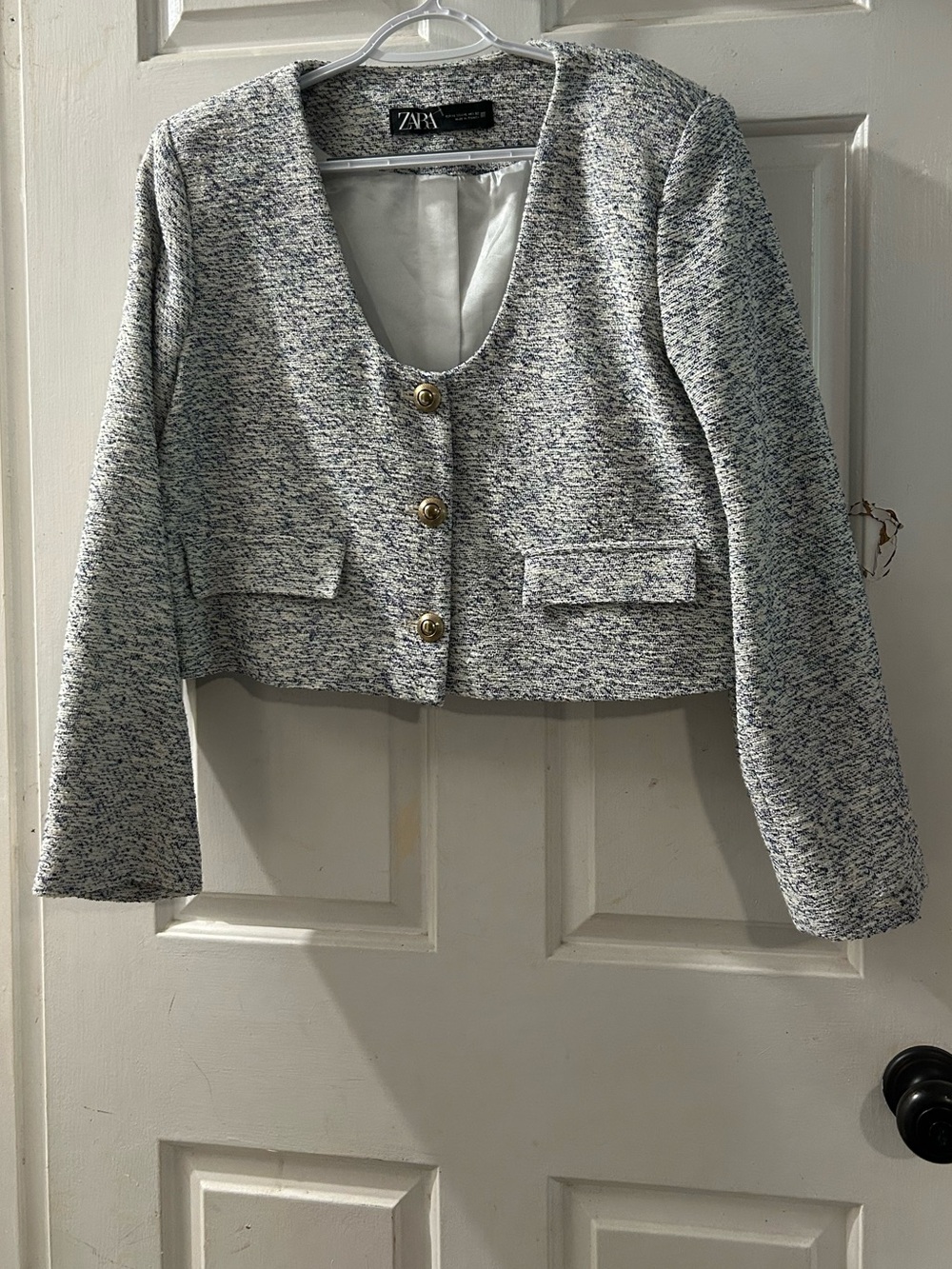 Zara Cropped Tweed Blazer in Light Gray with Gold Buttons